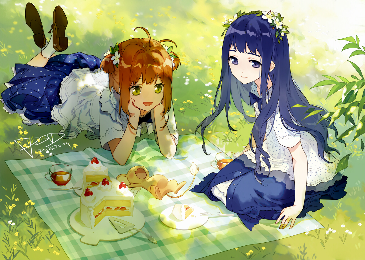 2girls, aliasing, blue_eyes, blue_hair, brown_hair, cake, card_captor_sakura, daidouji_tomoyo, drink, flowers, food, grass, green, green_eyes, headdress, kero, kinomoto_sakura, leaves, long_hair, psd, short_hair, signed, skirt, socks