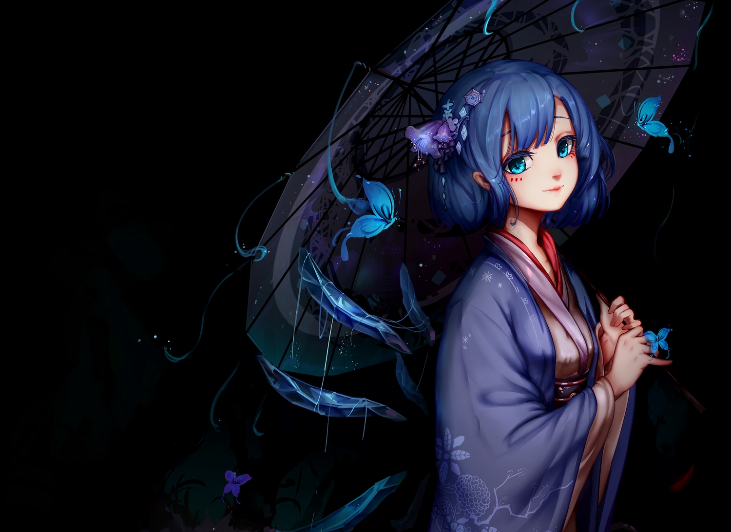 aqua_eyes, black, blue_hair, butterfly, cirno, dark, fairy, japanese_clothes