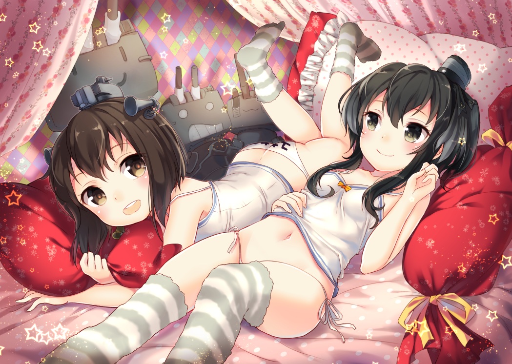 2girls, anthropomorphism, ass, bed, black_hair, blush, brown_hair, kantai_collection, navel, nunucco, panties, rensouhou-chan, rensouhou-kun, short_hair, socks, thighhighs, tokitsukaze_(kancolle), underwear, yukikaze_(kancolle)