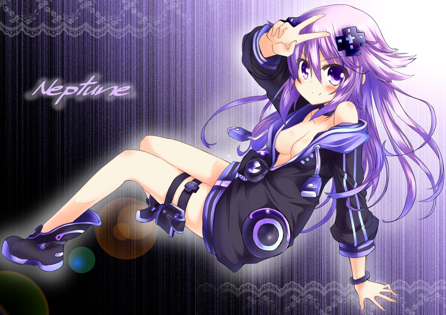 adult_neptune, boots, breasts, cleavage, hyperdimension_neptunia, hyperdimension_neptunia_vii, long_hair, purple_eyes, purple_hair, zero-theme