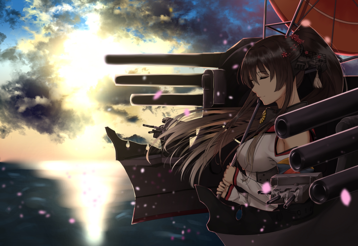 anthropomorphism, brown_hair, kantai_collection, long_hair, ponytail, saitou_(lynx-shrike), umbrella, water
