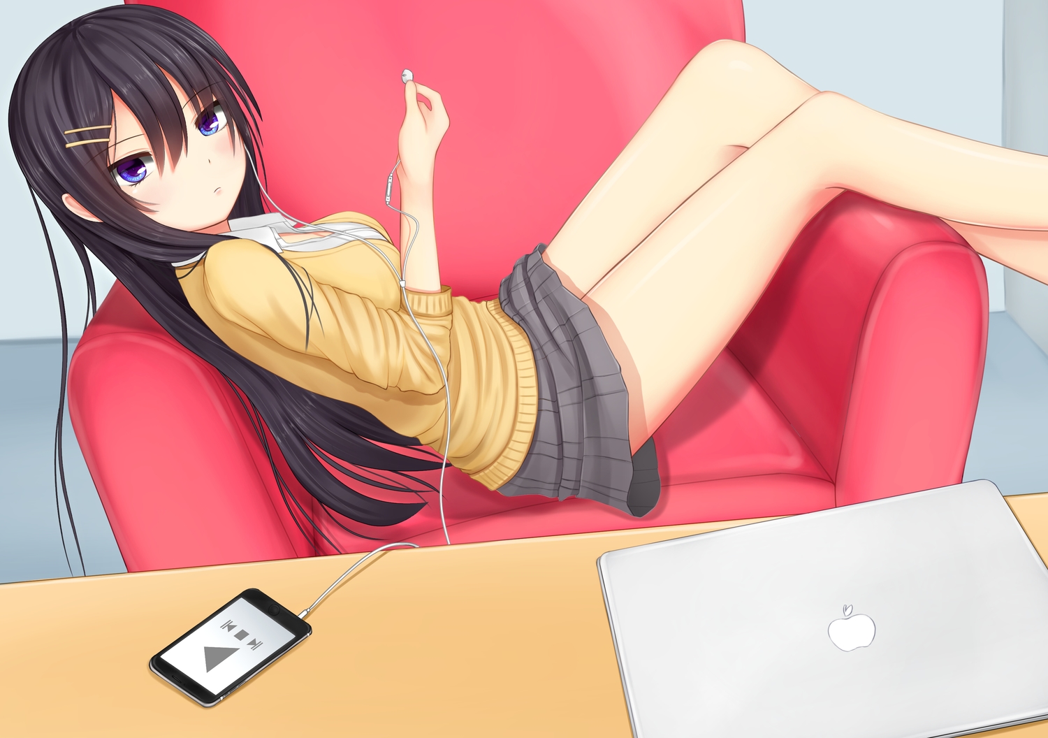 aliasing, black_hair, blue_eyes, computer, couch, headphones, ipod, kurokami_(kurokaminohito), long_hair, original, school_uniform, skirt