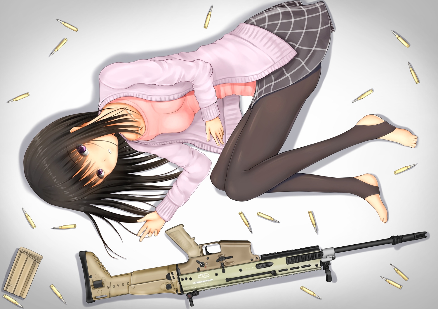 aliasing, black_hair, gun, kurokami_(kurokaminohito), original, pantyhose, purple_eyes, weapon