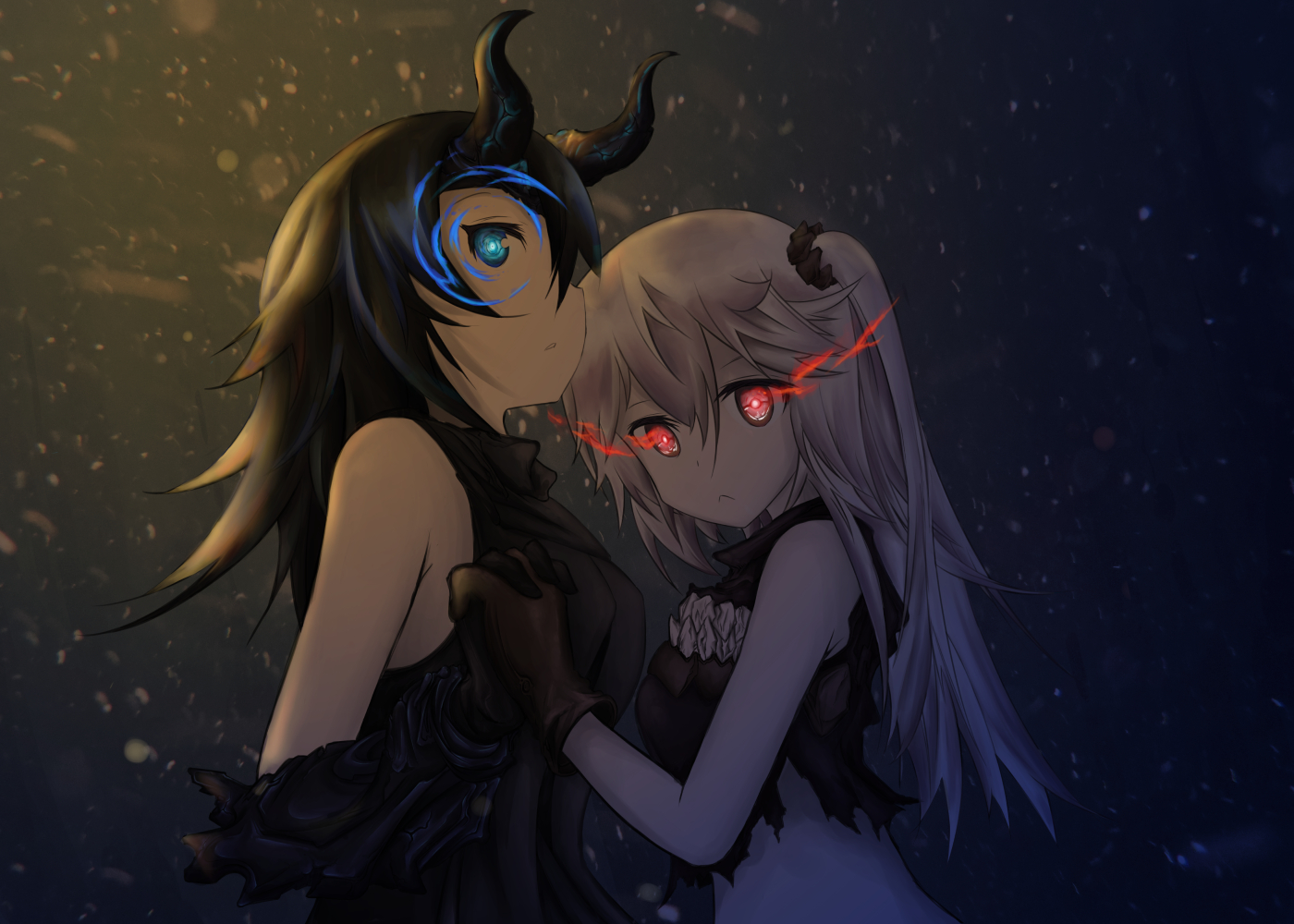 2girls, anthropomorphism, aqua_eyes, black_hair, dark, destroyer_water_oni, gloves, horns, kantai_collection, light_cruiser_hime, long_hair, ponytail, red_eyes, white_hair, yam-potong