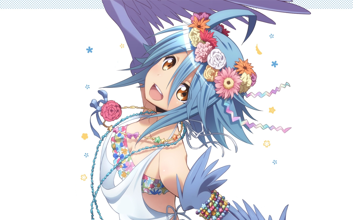 blue_hair, brown_eyes, flowers, monster_musume_no_iru_nichijou, papi, short_hair, tagme_(artist), wings