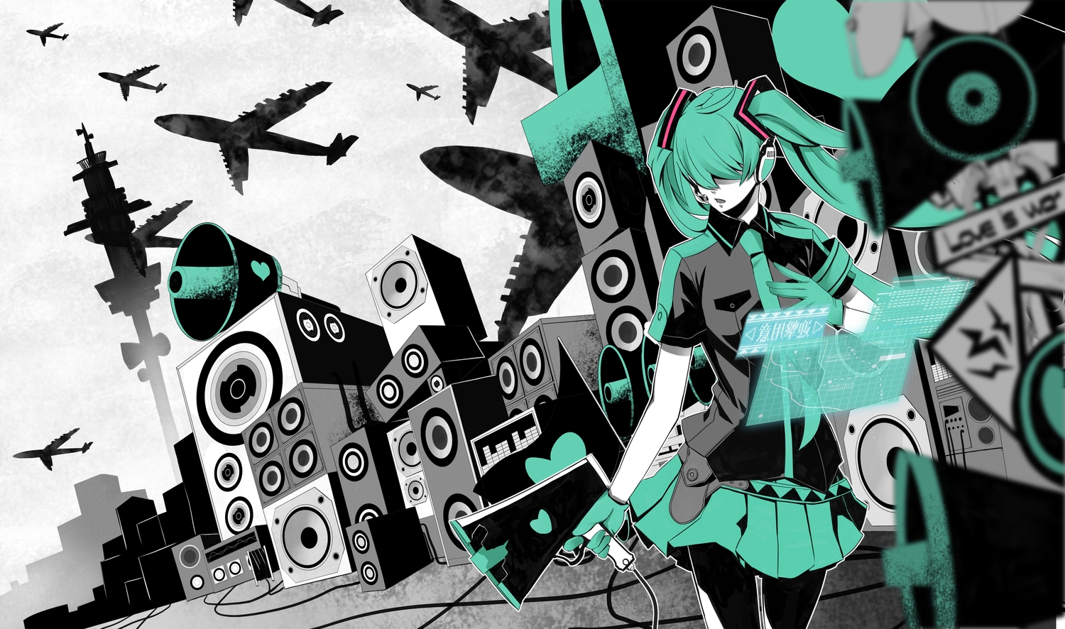 aircraft, aqua_hair, gloves, hatsune_miku, heart, hibi_gakeppuchi, koi_wa_sensou_(vocaloid), pantyhose