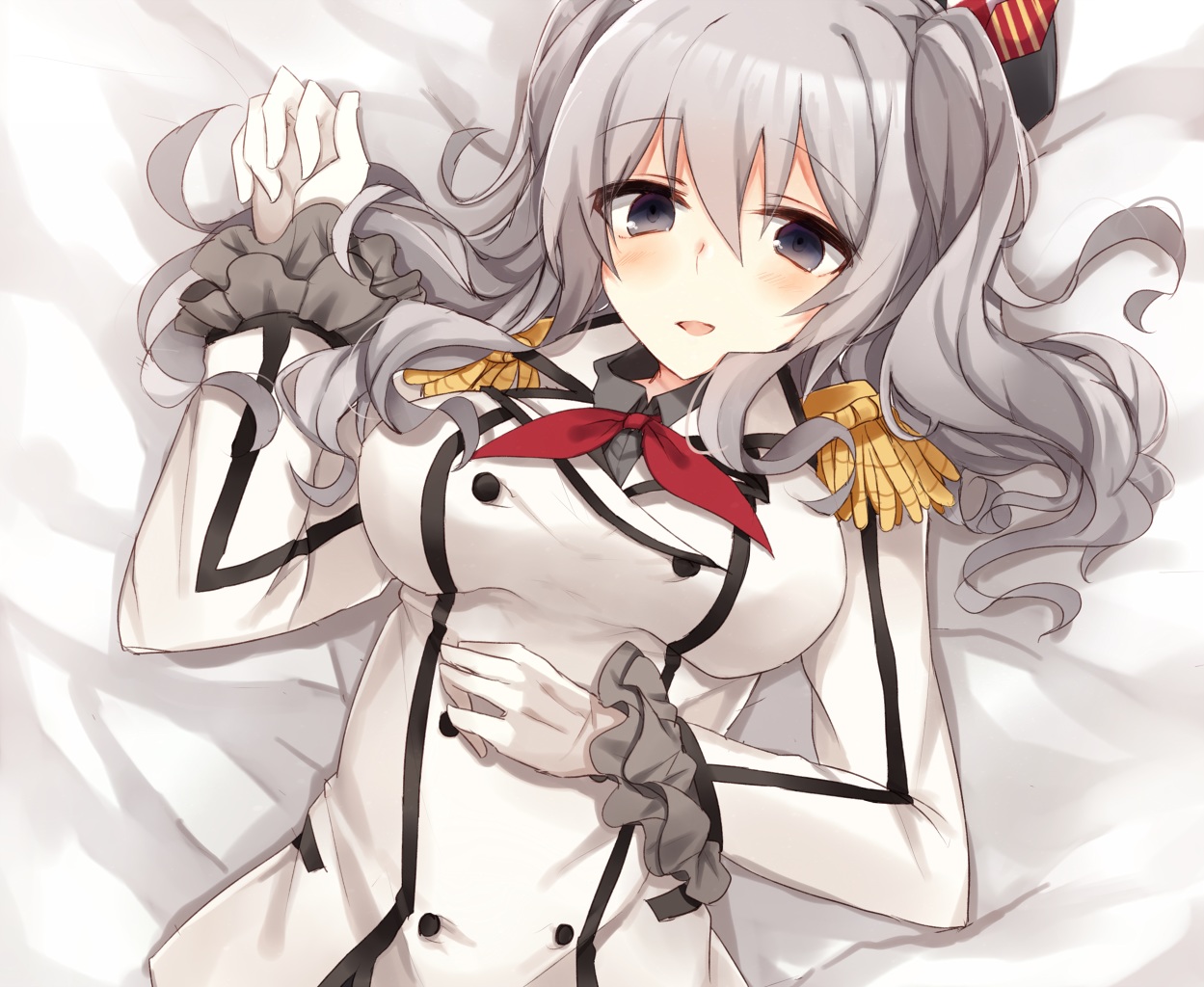 aliasing, anthropomorphism, blush, gloves, gray_eyes, gray_hair, hat, kantai_collection, kashima_(kancolle), kinona, long_hair, twintails, uniform