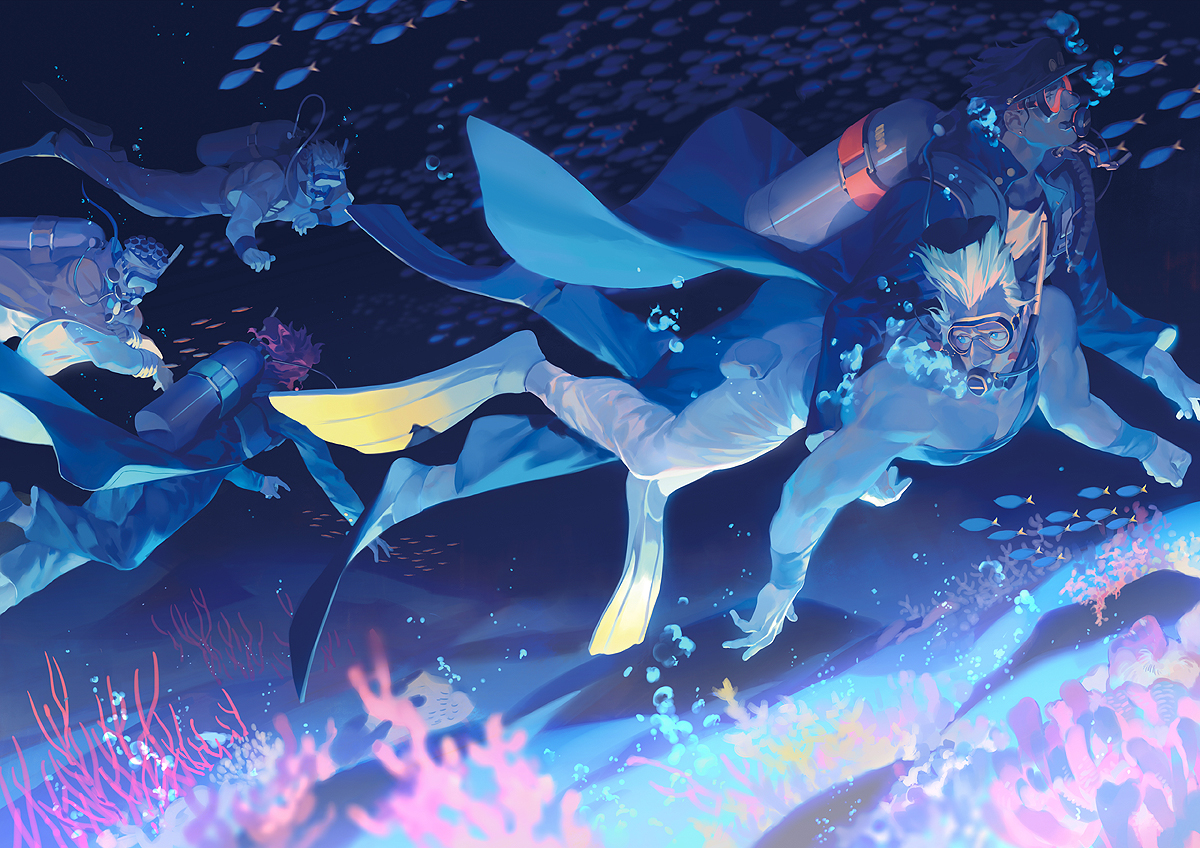 all_male, bubbles, group, jean_pierre_polnareff, jojo_no_kimyou_na_bouken, joseph_joestar, kakyouin_noriaki, kuujou_joutarou, male, muhammad_avdol, rei_(sanbonzakura), underwater, water