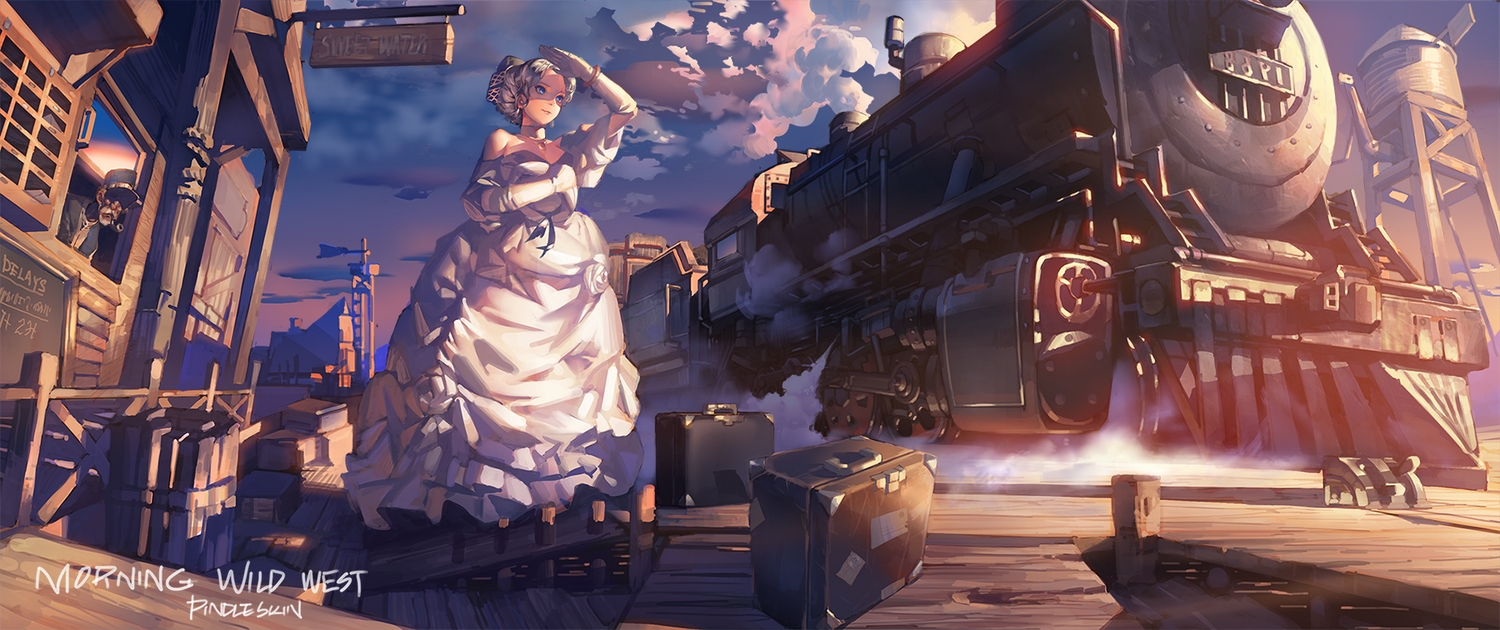 blue_eyes, building, clouds, dress, elbow_gloves, gloves, gray_hair, hat, male, original, pindleskin, signed, sky, sunset, train, wristwear