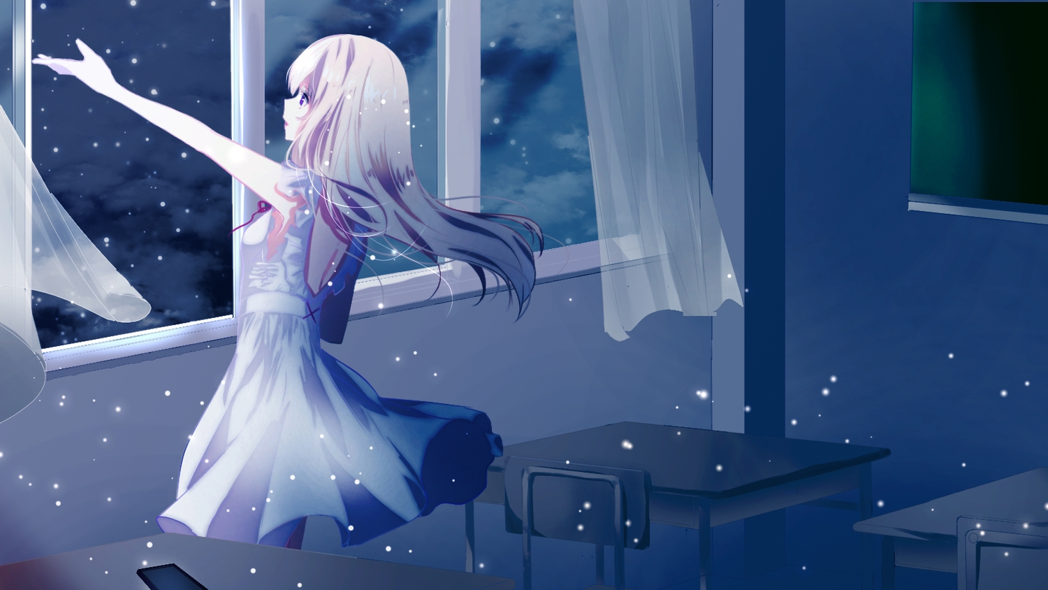 aliasing, blonde_hair, dress, long_hair, nekomaaro, night, original, phone