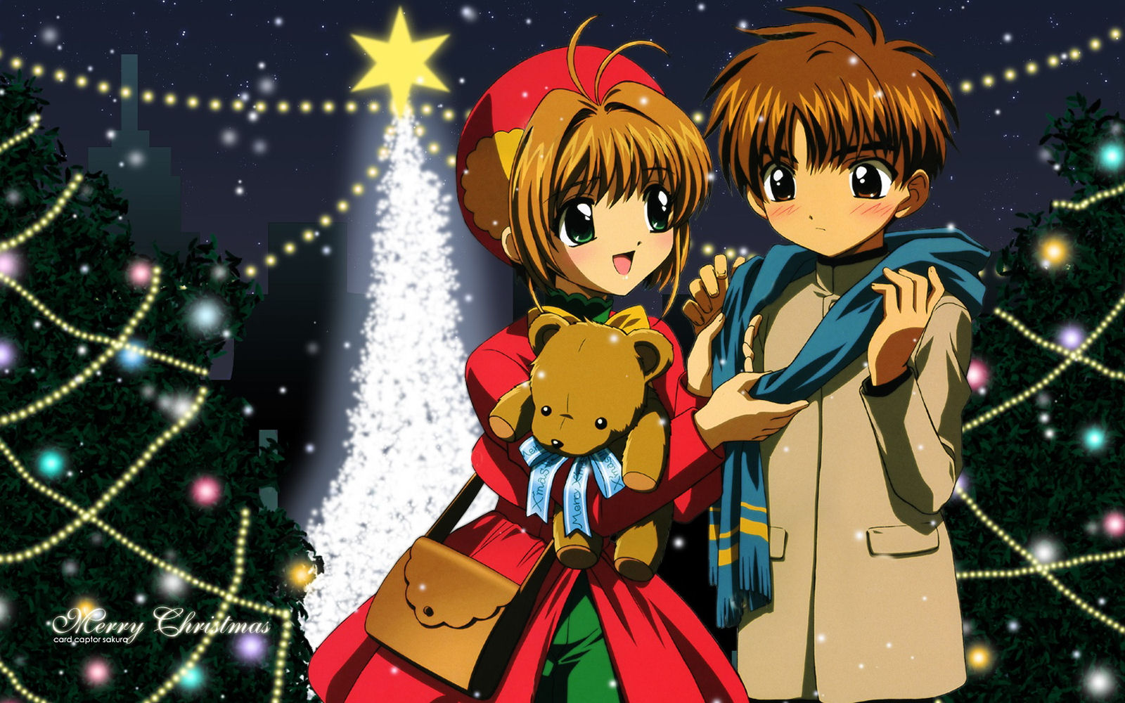 brown_eyes, brown_hair, card_captor_sakura, christmas, green_eyes, hat, kinomoto_sakura, li_syaoran