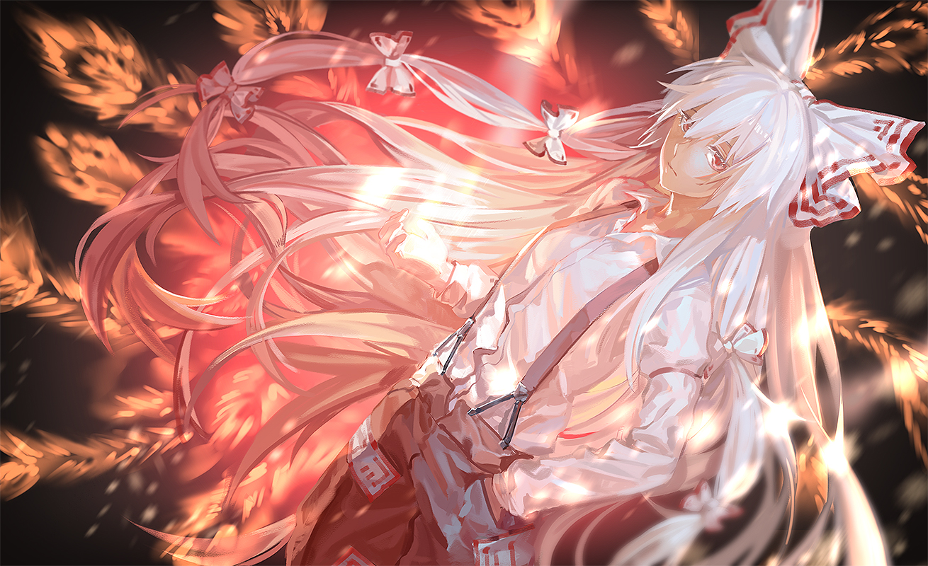 bow, fire, fujiwara_no_mokou, long_hair, red_eyes, rff_(3_percent), shirt, touhou