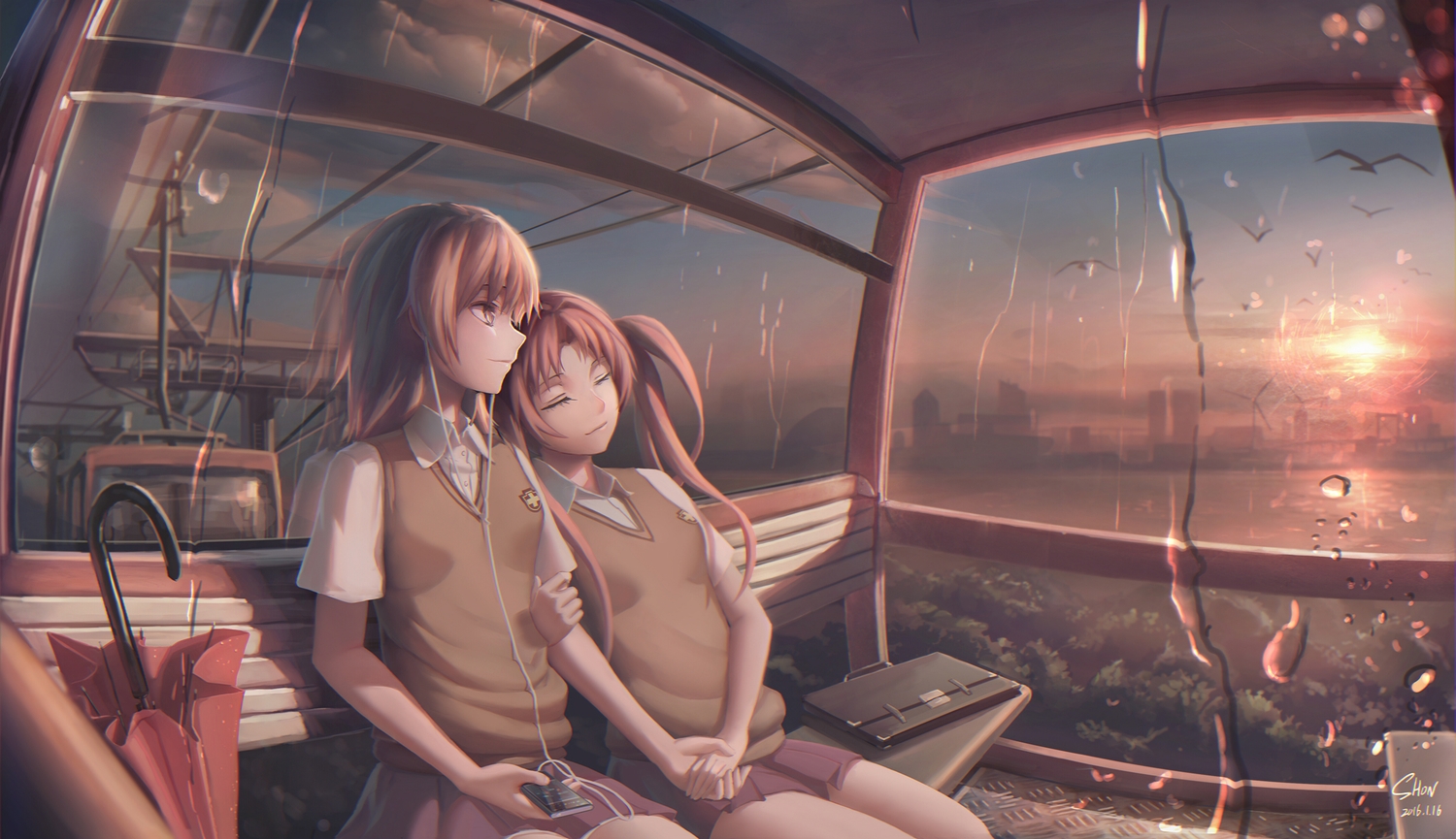 2girls, animal, bird, brown_hair, building, city, headphones, long_hair, misaka_mikoto, phone, scenic, school_uniform, shirai_kuroko, shon, shoujo_ai, skirt, sleeping, sunset, to_aru_kagaku_no_railgun, to_aru_majutsu_no_index, umbrella