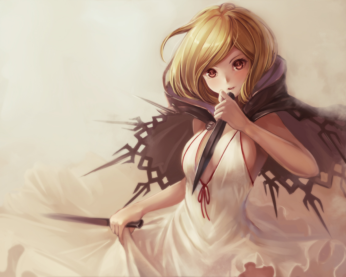 blonde_hair, breasts, brown_eyes, cape, cleavage, djeeta_(granblue_fantasy), dress, granblue_fantasy, hood, knife, no_bra, pondel, short_hair, sideboob, weapon
