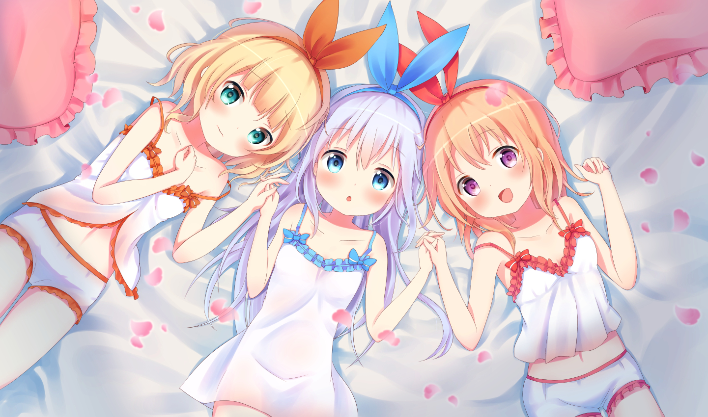 aliasing, aqua_eyes, bed, blonde_hair, blue_eyes, blush, gochuumon_wa_usagi_desu_ka?, gray_hair