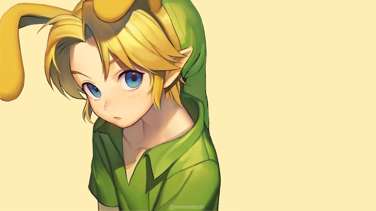 all_male, animal_ears, blonde_hair, blue_eyes, brown, bunny_ears, hat, headband, link_(zelda), male, mimme_(haenakk7), short_hair, the_legend_of_zelda, watermark