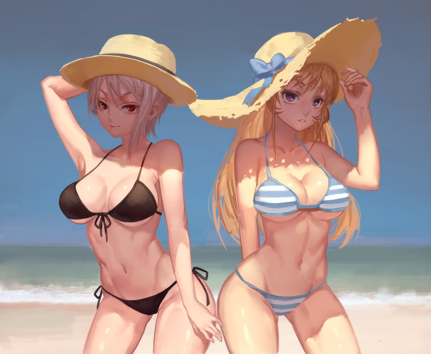 2girls, 676264220, beach, bikini, blonde_hair, breasts, cleavage, gray_hair, hat, nakiri_alice, nakiri_erina, navel, purple_eyes, red_eyes, shokugeki_no_souma, short_hair, swimsuit, underboob, water