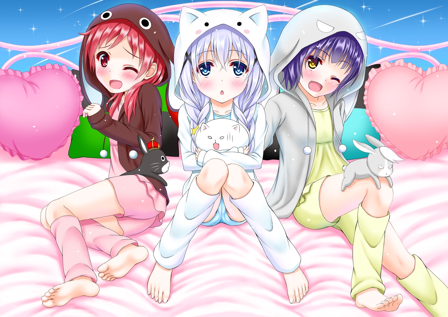 aliasing, animal, anko_(gochiusa), barefoot, bed, blue_eyes, blue_hair, blush