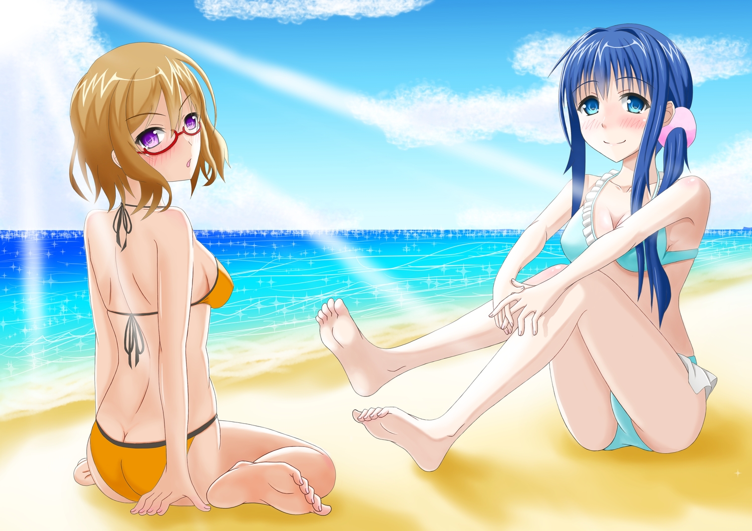 2girls, aqua_eyes, ass, barefoot, beach, bikini, blue_hair, blush, breasts, brown_hair, cleavage, glasses, hanayamata, long_hair, nishimikado_tami, ponytail, purple_eyes, shirouzu_myuuta, short_hair, swimsuit, tokiwa_machi
