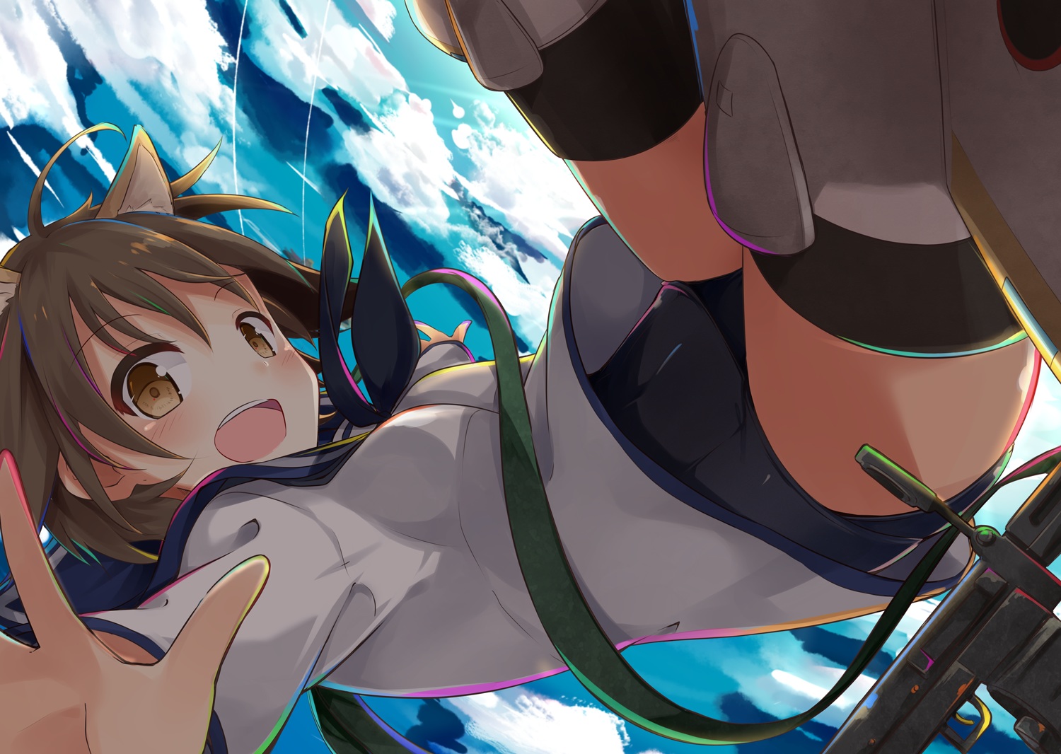 animal_ears, brown_eyes, brown_hair, clouds, gun, miyafuji_yoshika, sasahara_wakaba, school_swimsuit