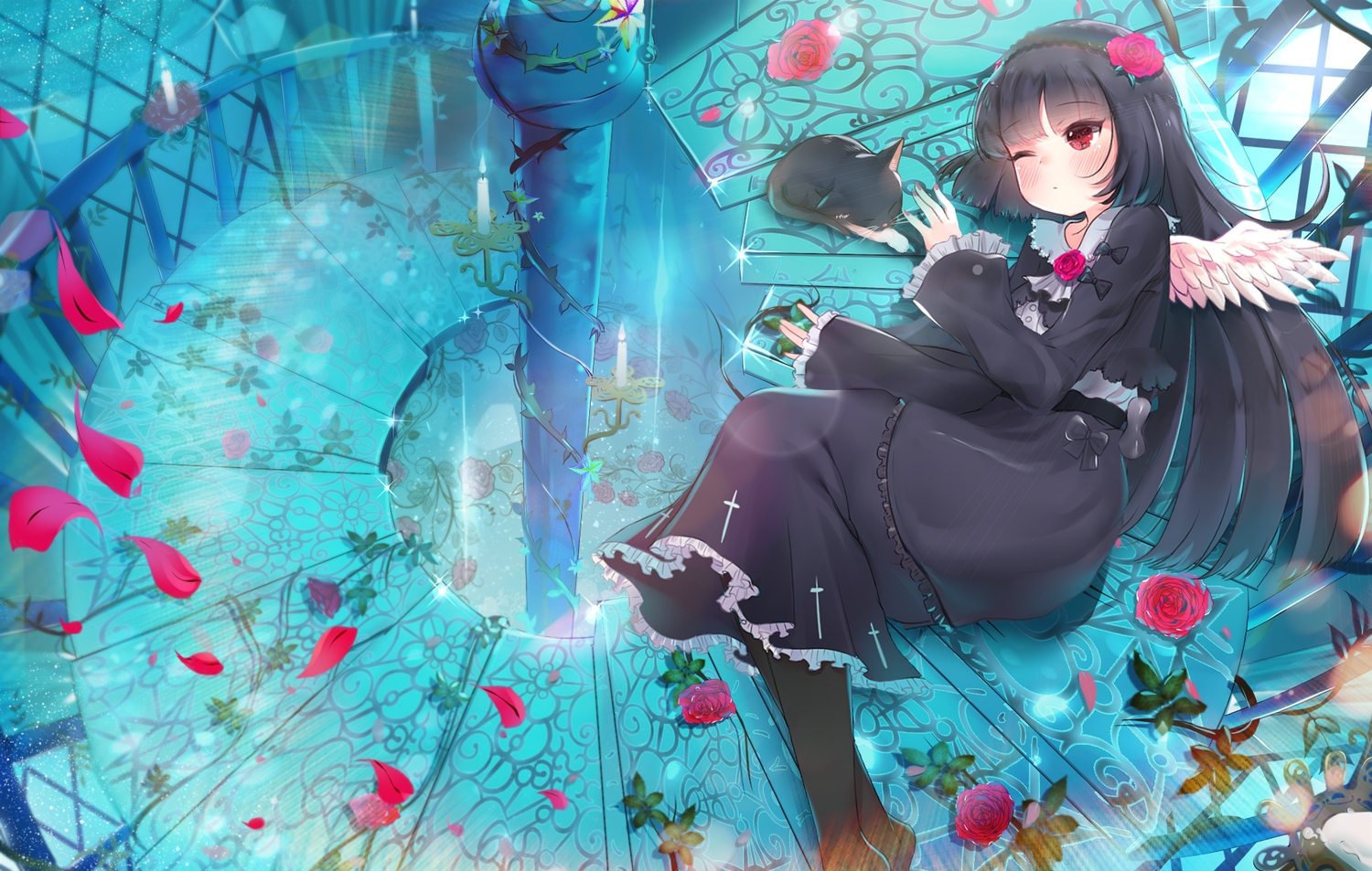 animal, black_hair, blush, bow, cat, flowers, gokou_ruri, goth-loli, headband, lolita_fashion, long_hair, ore_no_imouto_ga_konna_ni_kawaii_wake_ga_nai, pantyhose, petals, red_eyes, rose, ssumbi, stairs, wings, wink
