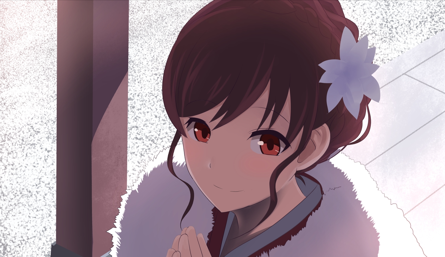 anthropomorphism, braids, brown_hair, close, hellpart, kantai_collection, ooi_(kancolle), red_eyes, snow, waifu2x