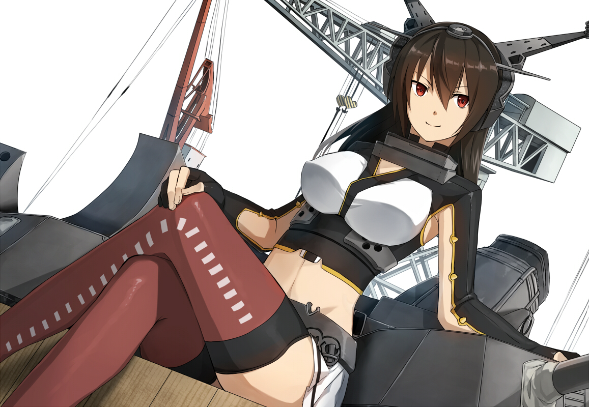 anthropomorphism, breasts, brown_hair, fumio_(kanmi), kantai_collection, nagato_(kancolle), red_eyes, thighhighs