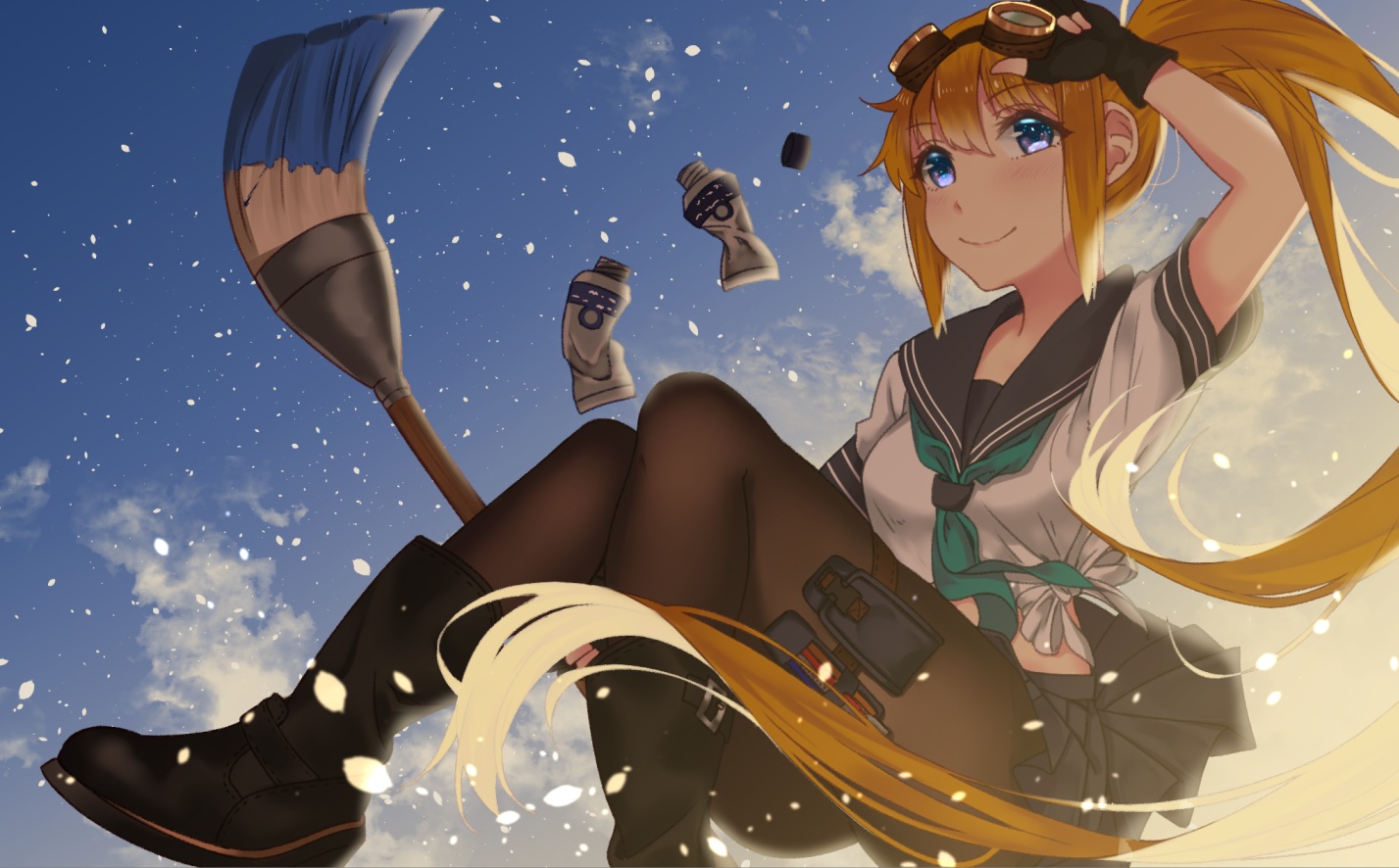 blonde_hair, blue_eyes, boots, goggles, original, pantyhose, ponytail, saitou_(lynx-shrike)