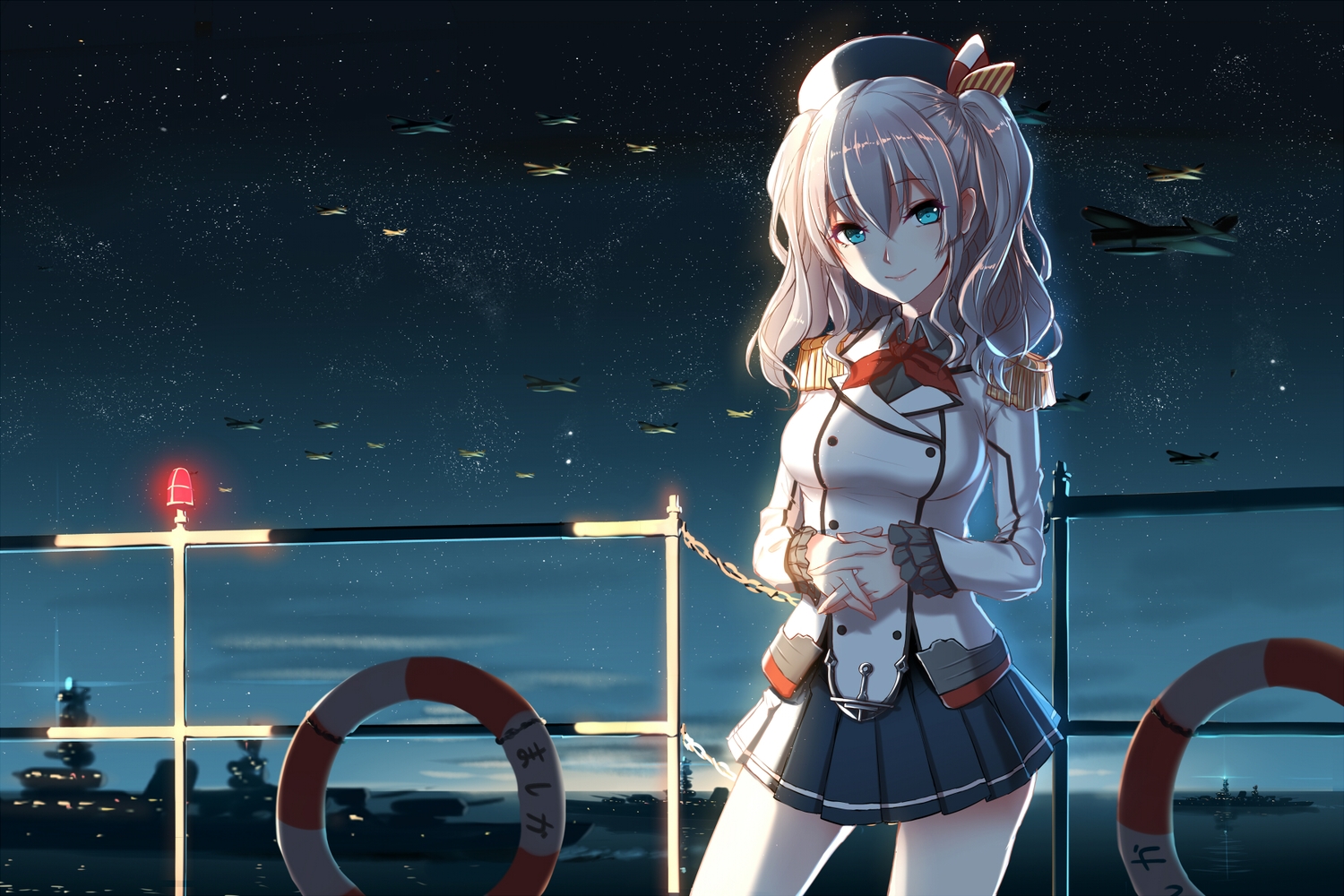aircraft, anthropomorphism, aqua_eyes, gray_hair, hat, kantai_collection, kashima_(kancolle), long_hair