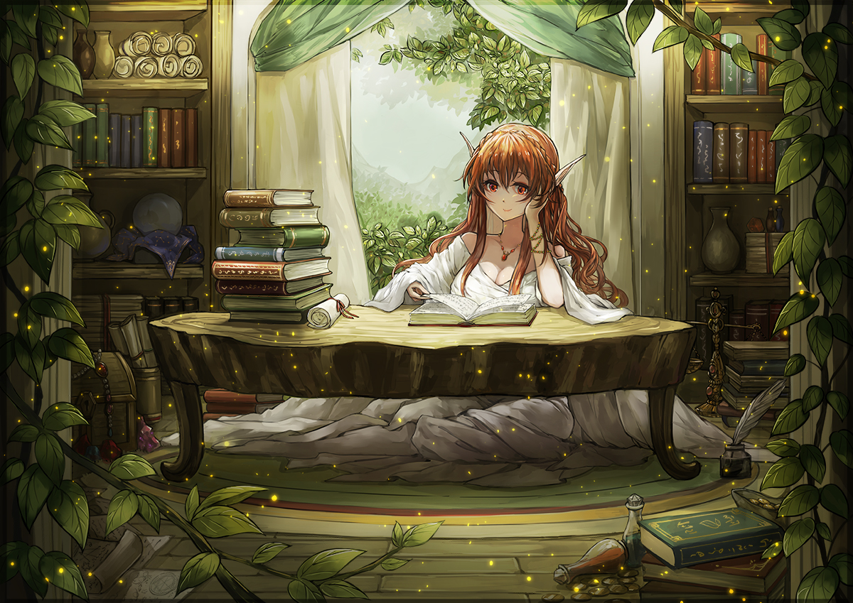 book, braids, breasts, cleavage, green, leaves, long_hair, necklace, orange_eyes, orange_hair, original, paper, pointed_ears, vetina, wristwear