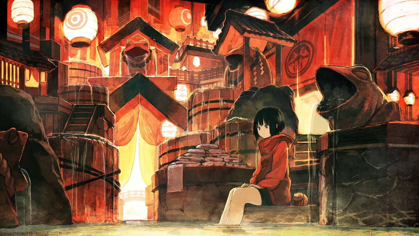 black_hair, brown_eyes, kitsune_(kazenouta), onsen, original, short_hair, water