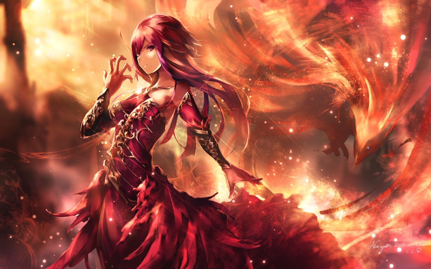 aliasing, c.c.r_(ccrgaoooo), dress, fire, long_hair, original, red_hair