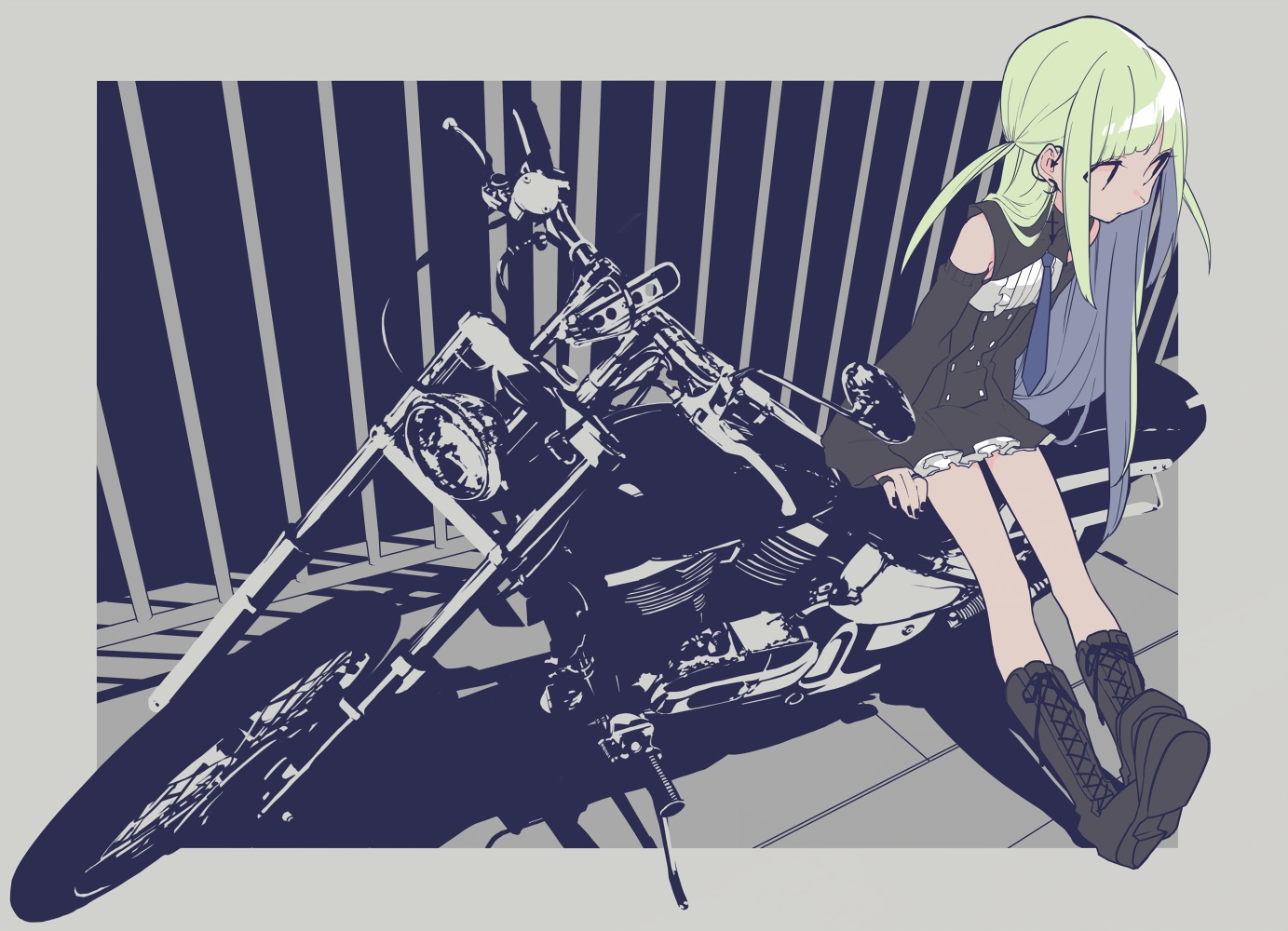 boots, goth-loli, green_hair, lolita_fashion, motorcycle, original, polychromatic, yamada_kei