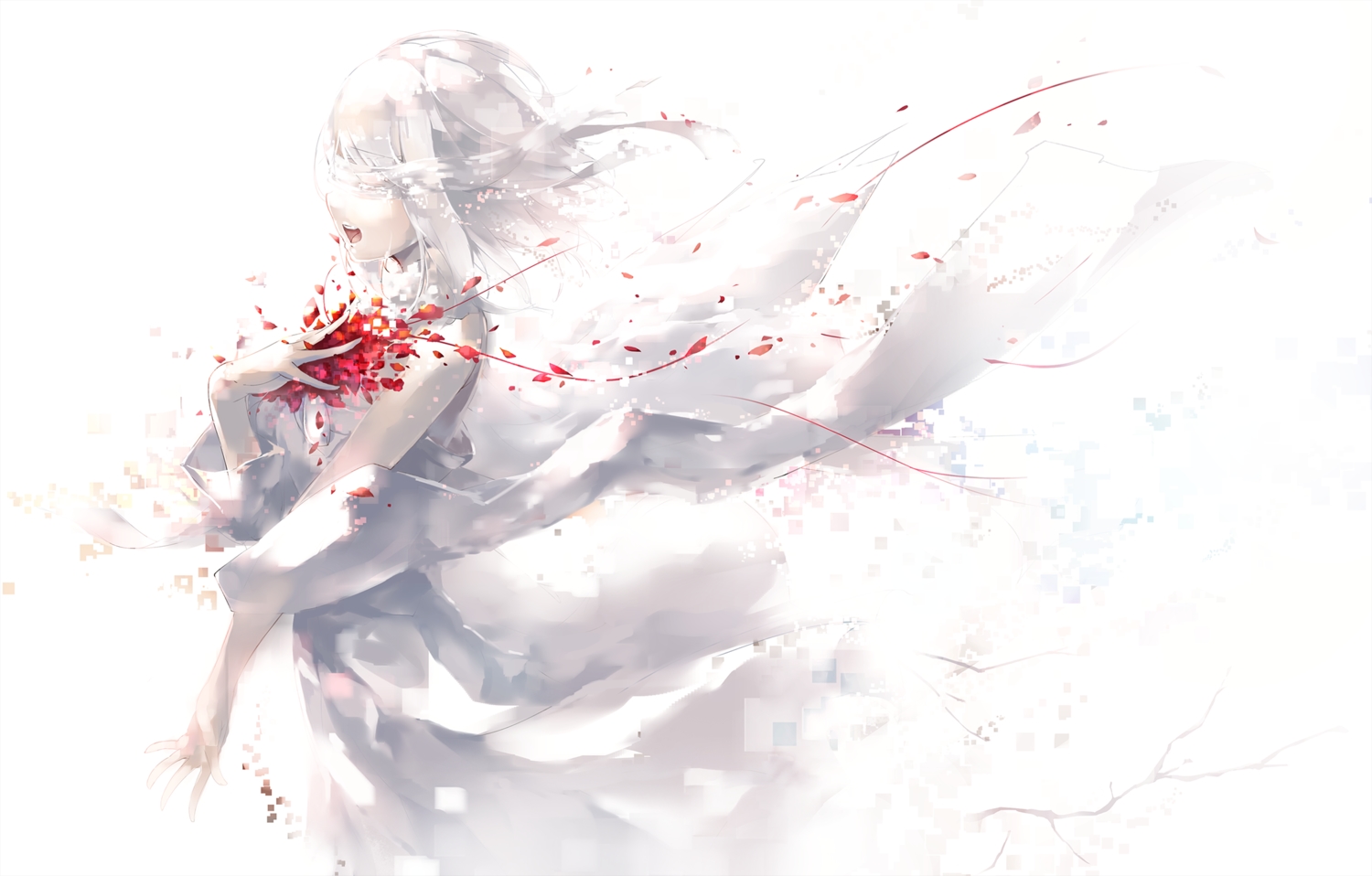 bandage, blood, c.c.r_(ccrgaoooo), dress, original, petals, white, white_hair