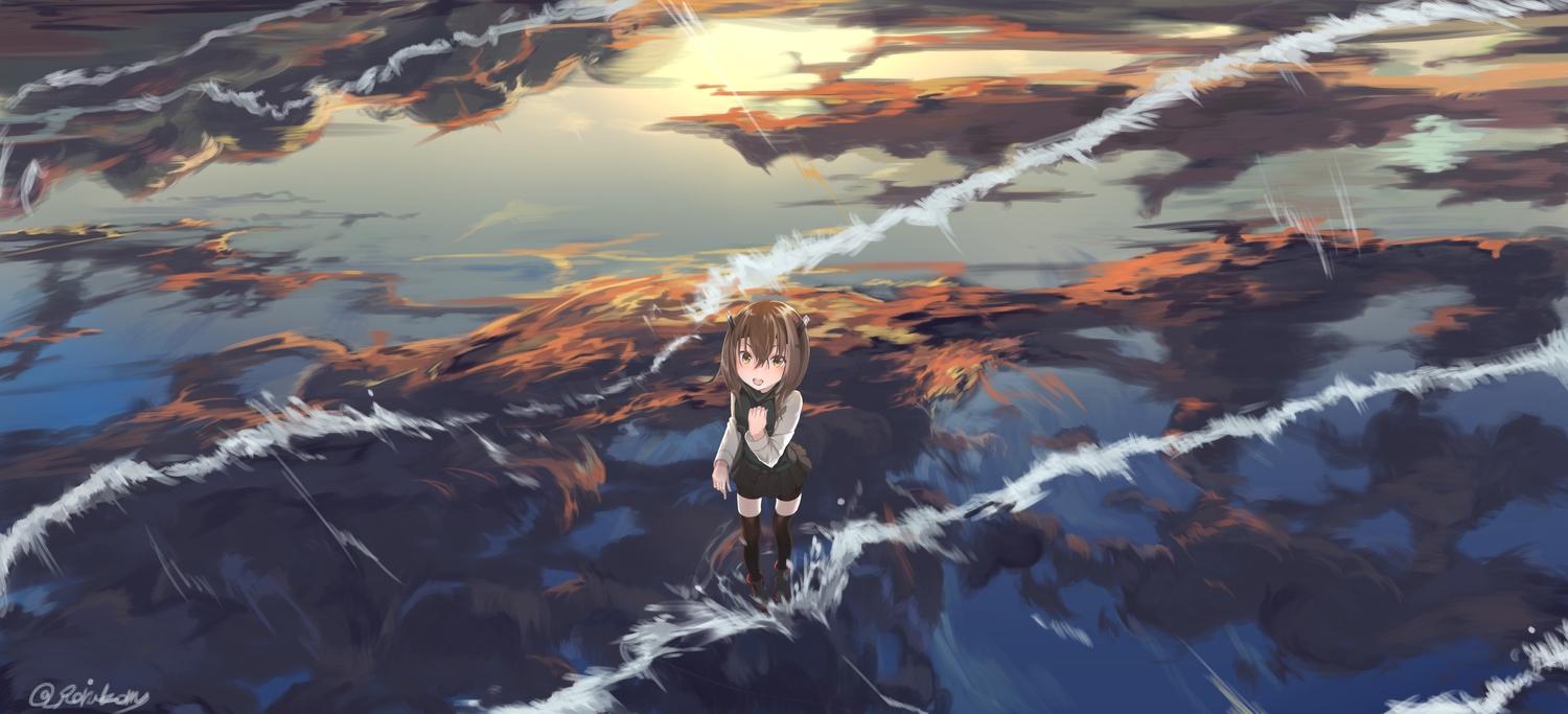 anthropomorphism, brown_hair, kantai_collection, mugcup, scenic, short_hair, signed, taihou_(kancolle)
