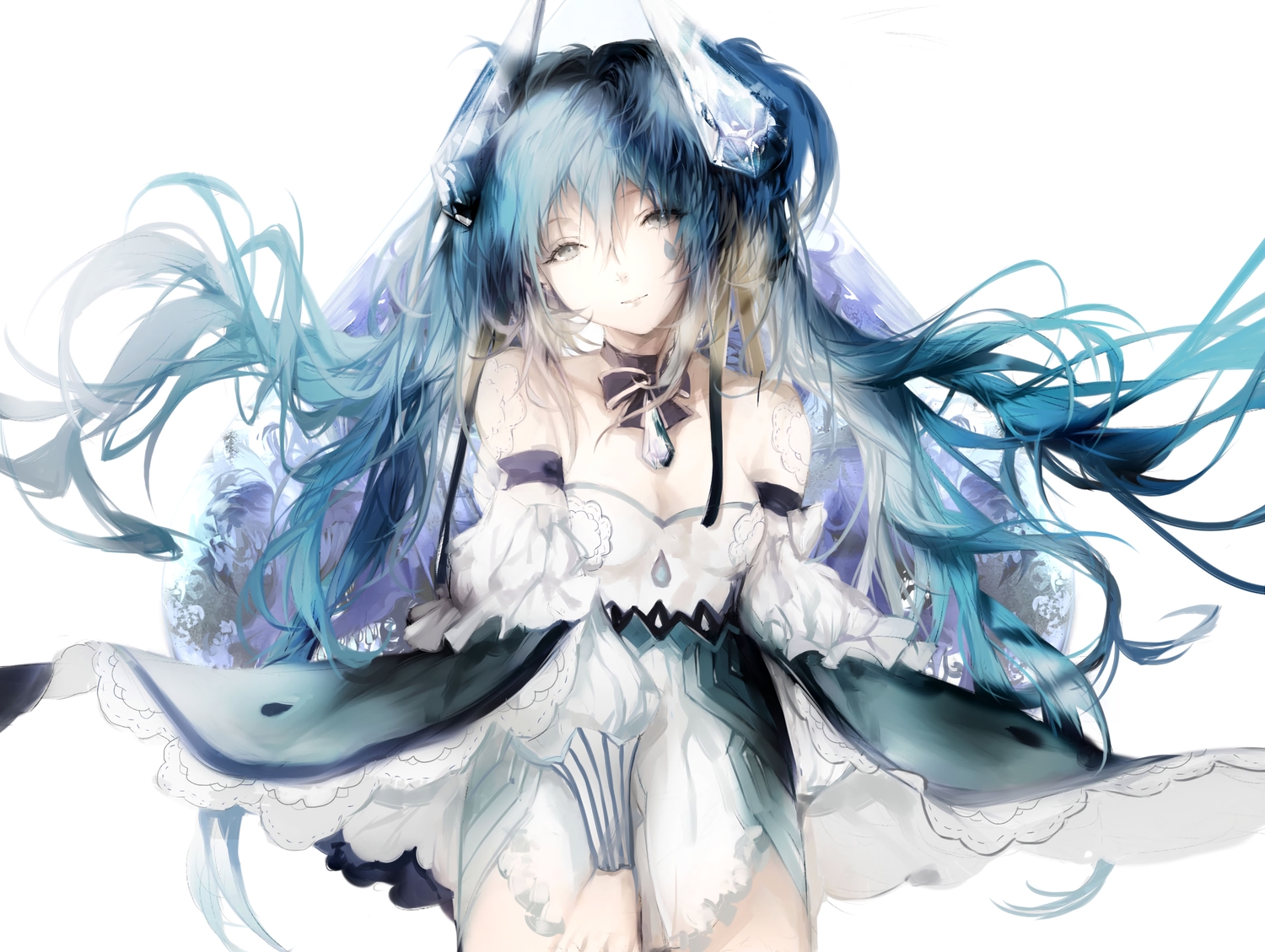 aqua_hair, breasts, cleavage, gray_eyes, hatsune_miku, long_hair, sa'yuki, vocaloid