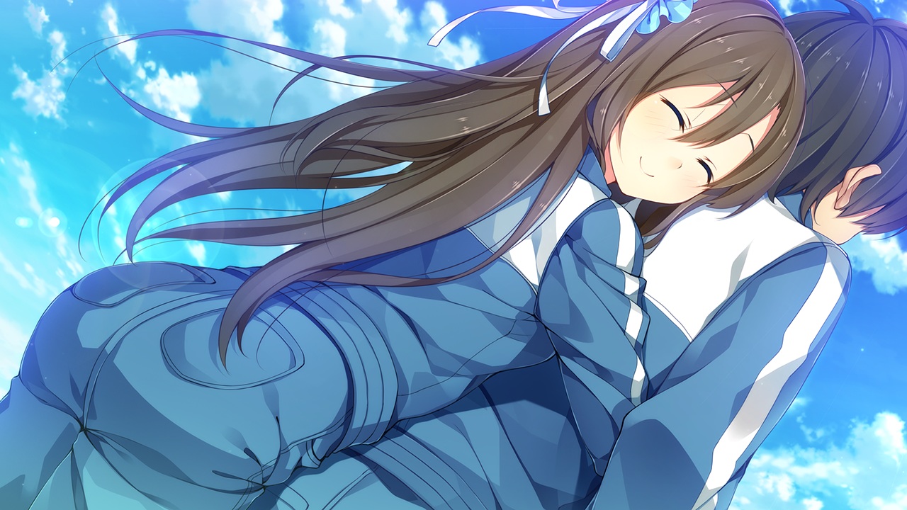 black_hair, brown_hair, clouds, game_cg, gym_uniform, hug, long_hair, male