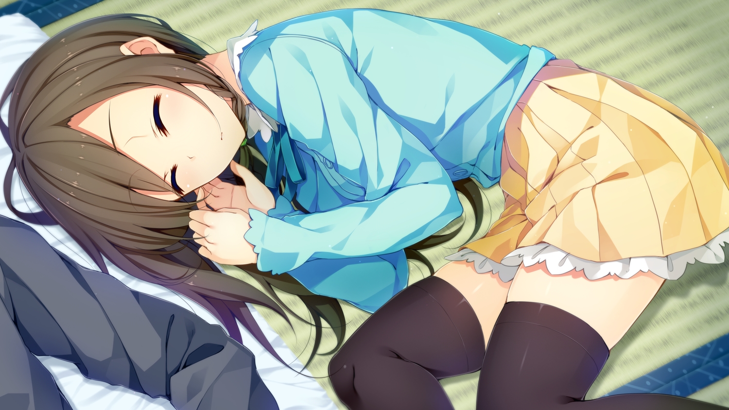 brown_hair, game_cg, skirt, sleeping, sorairo_innocent, thighhighs, tsukigase_mahiru, unasaka_ryou