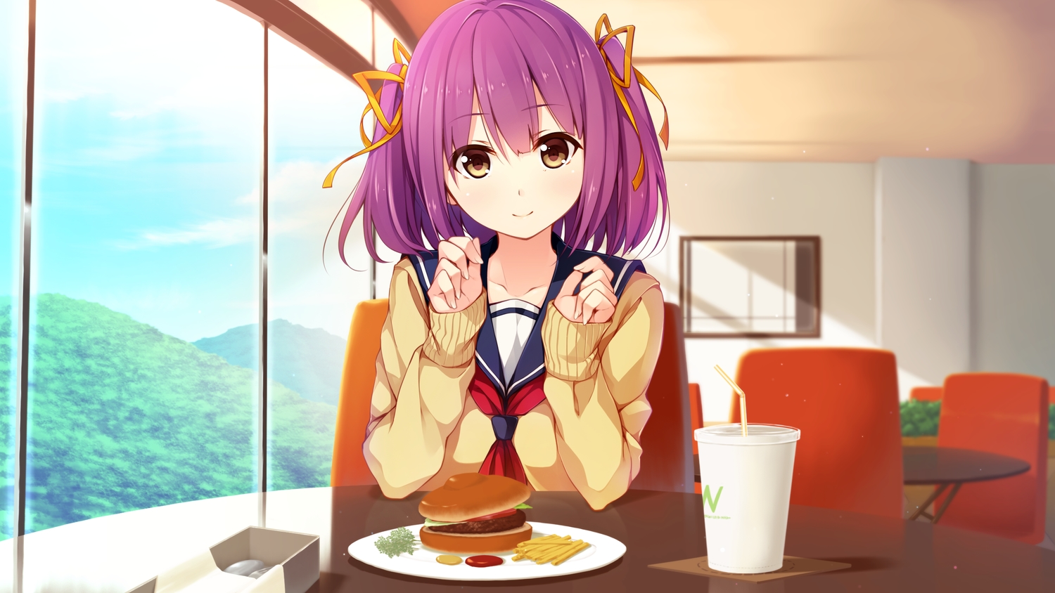 akabeisoft3, brown_eyes, drink, food, game_cg, pink_hair, school_uniform, sorairo_innocent
