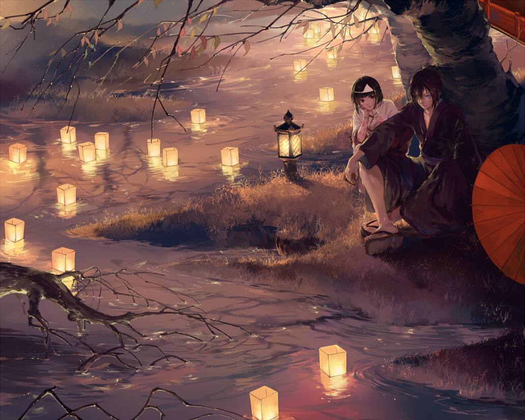 black_hair, blue_eyes, cropped, headdress, japanese_clothes, kimono, male, noragami, nora_(noragami), short_hair, tree, umbrella, water, yato_(noragami), yomi_yasou