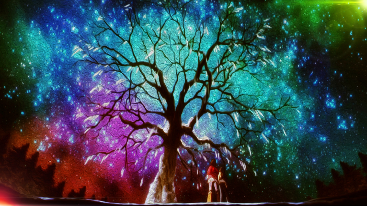 boku_dake_ga_inai_machi, brown_hair, fujinuma_satoru, hinazuki_kayo, polychromatic, scenic, snow, stars, tagme_(artist), tree