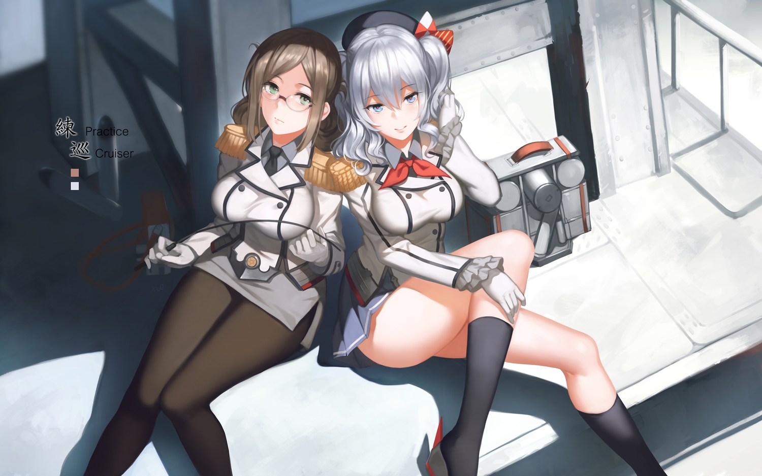 2girls, anthropomorphism, blue_eyes, brown_hair, glasses, gloves, gray_hair, green_eyes
