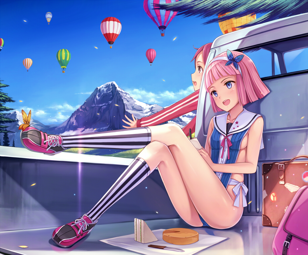 2girls, blue_eyes, breasts, butterfly, clouds, food, headband, kneehighs