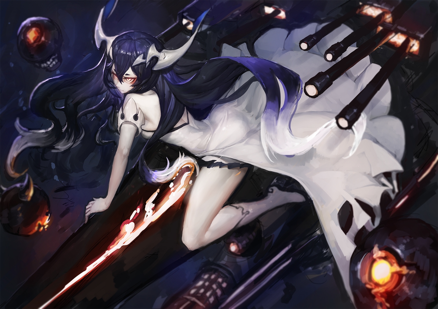 anchorage_water_demon, anthropomorphism, black_hair, boots, dress, gods, horns, kantai_collection