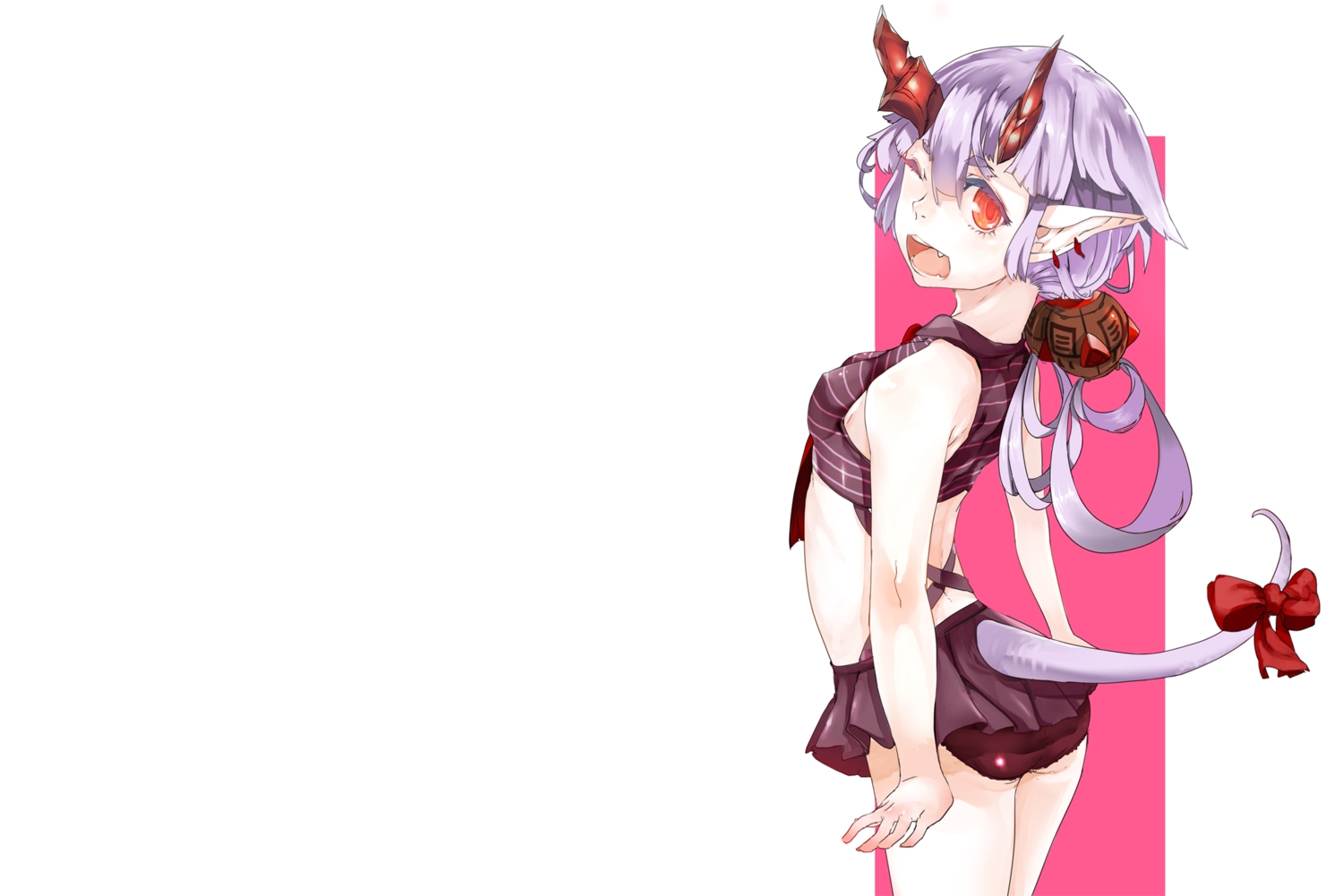 ass, bow, demon, fang, horns, laio, long_hair, original, pointed_ears, purple_hair, red_eyes, ribbons, skirt, swimsuit, tail, white, wink