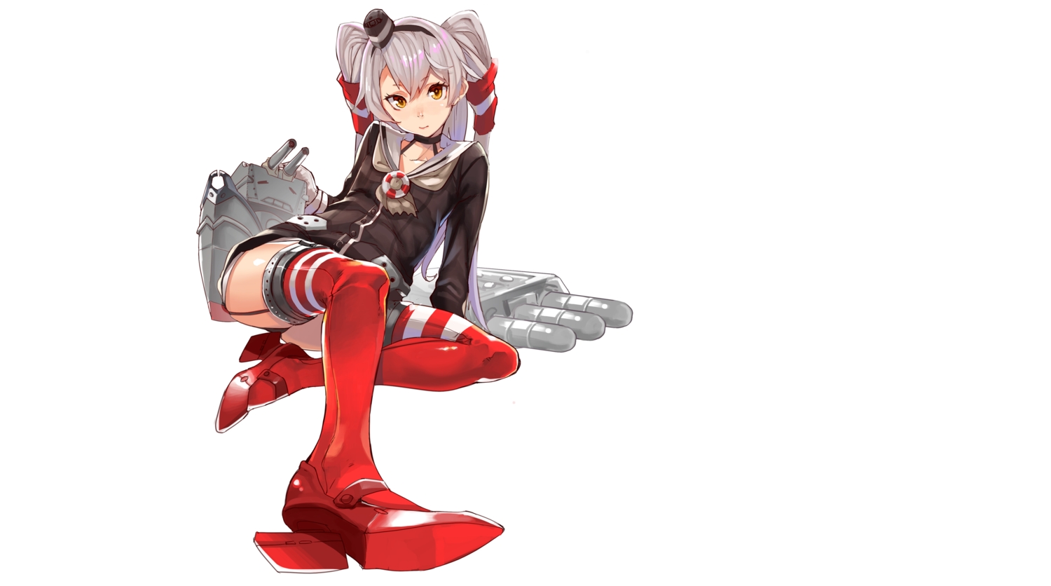 amatsukaze_(kancolle), anthropomorphism, blush, gloves, gray_hair, headband, kantai_collection, laio, long_hair, panties, rensouhou-kun, thighhighs, twintails, underwear, white, yellow_eyes
