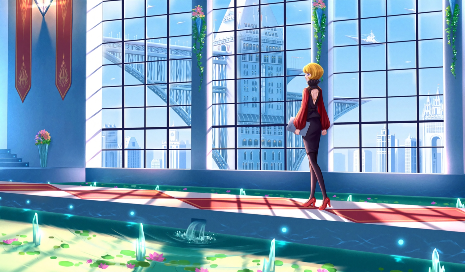 aircraft, blonde_hair, building, city, dine&rita, flowers, original, pantyhose