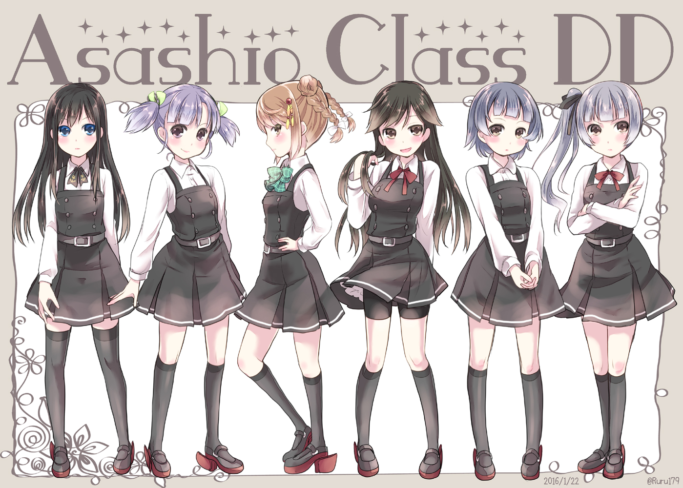 aikawa_ruru, aliasing, anthropomorphism, arare_(kancolle), arashio_(kancolle), asashio_(kancolle), bike_shorts, black_hair, blue_eyes, blue_hair, bow, braids, brown_eyes, brown_hair, gray_hair, group, kantai_collection, kasumi_(kancolle), kneehighs, long_hair, michishio_(kancolle), ooshio_(kancolle), ponytail, purple_hair, school_uniform, short_hair, shorts, signed, thighhighs, twintails, zettai_ryouiki