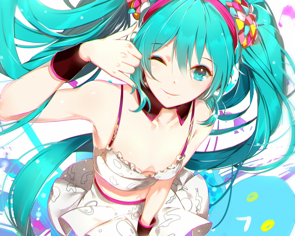 aqua_eyes, aqua_hair, cropped, hatsune_miku, headband, long_hair, phino_(jinko0094), redial_(vocaloid), skirt, twintails, vocaloid, wink, wristwear