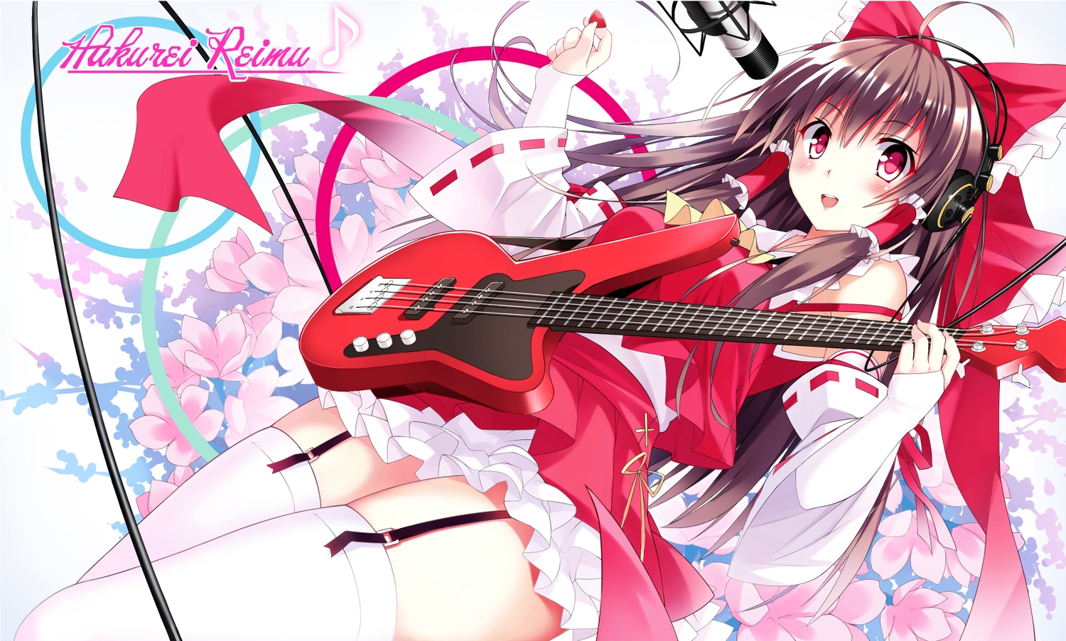 aliasing, bass, bow, brown_hair, bullet, flowers, garter_belt, hakurei_reimu, headphones, instrument, japanese_clothes, microphone, miko, red_eyes, ribbons, stockings, thighhighs, touhou